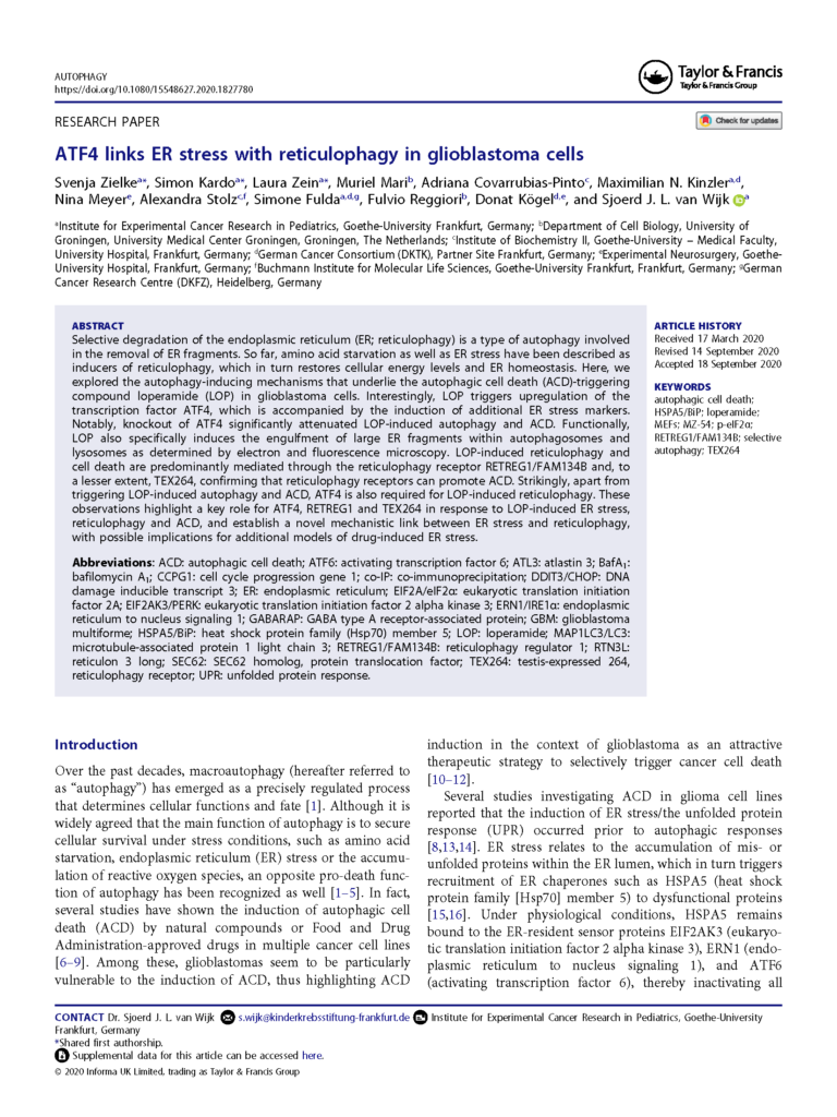 ATF4 links ER stress with reticulophagy in glioblastoma cells Sjoerd van Wijk